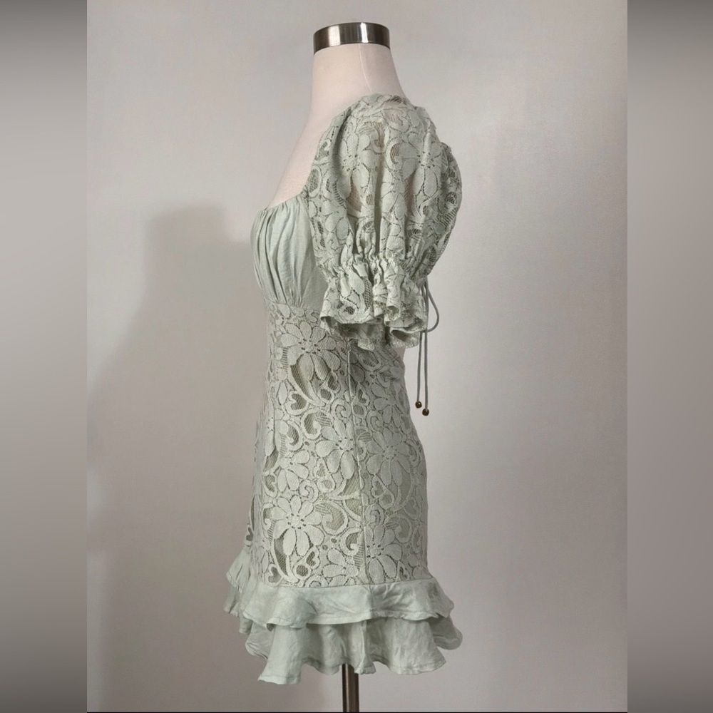 Angel Biba Sage Lace Corset Milkmaid Mini Dress Puff Sleeve Coquette Cottagecore - Picture 4 of 8